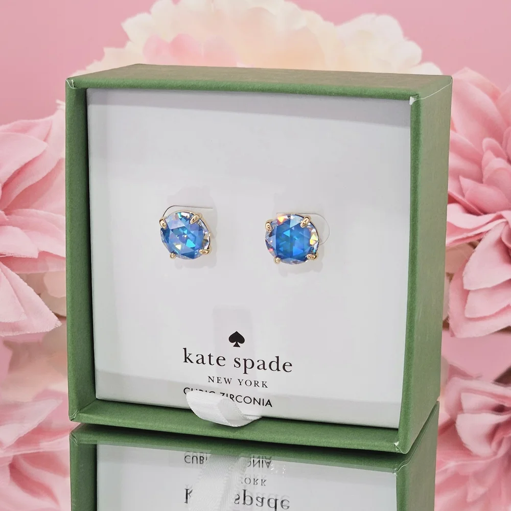 Kate Spade Round Stud Earrings Sapphire Colored Gold Tone CZ Gift Box Colorful
